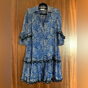 Miss June Paris Blue and White Paisley Long Sleeve Dress